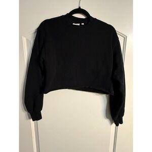 TNA Sweatfleece Sweatshirt XS Black Cropped Cozy Fleece Raw Hem Aritzia Cozycore